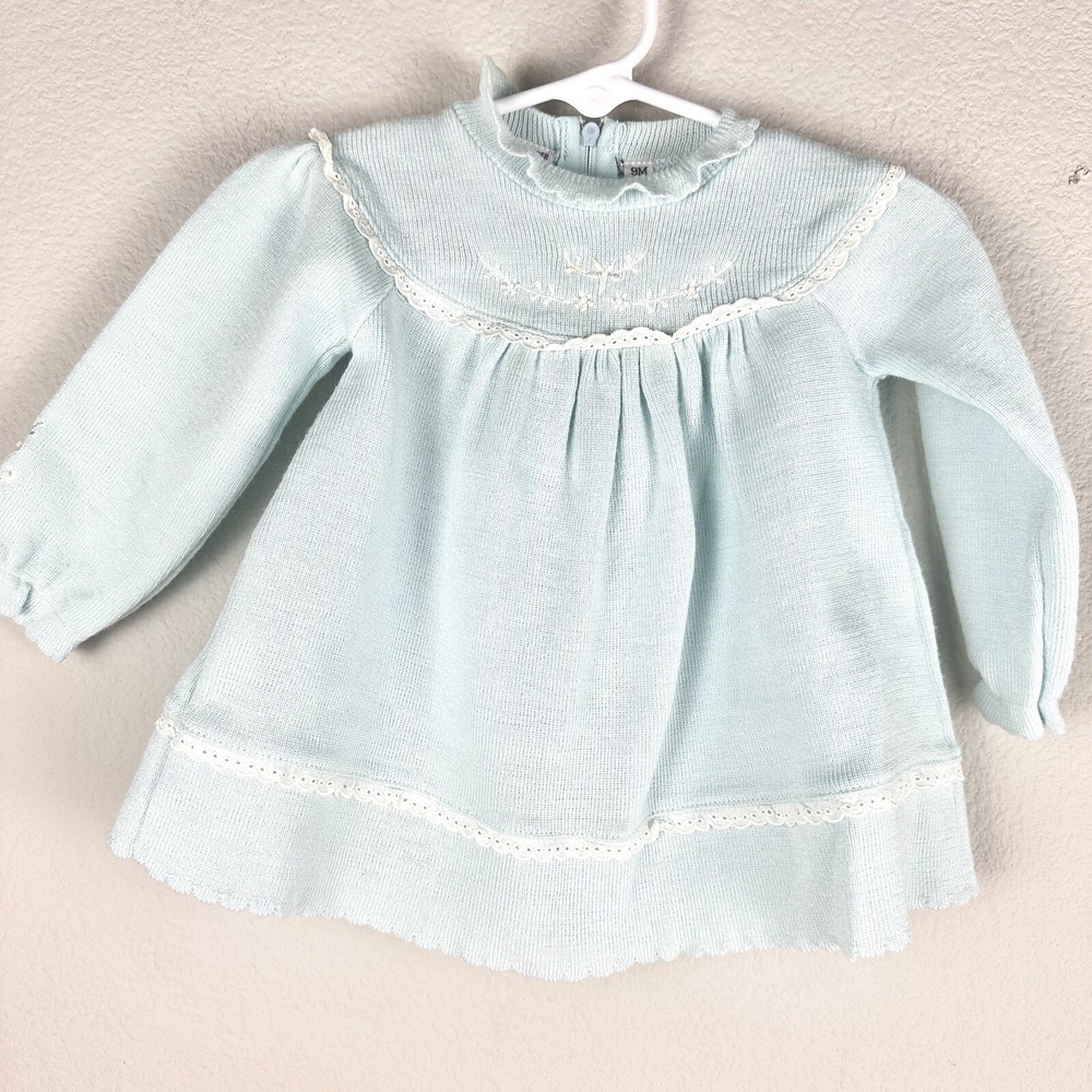 Vintage Friemanit Baby Sweater‎ Dress 9 Month Blue Ruffle Embroidered